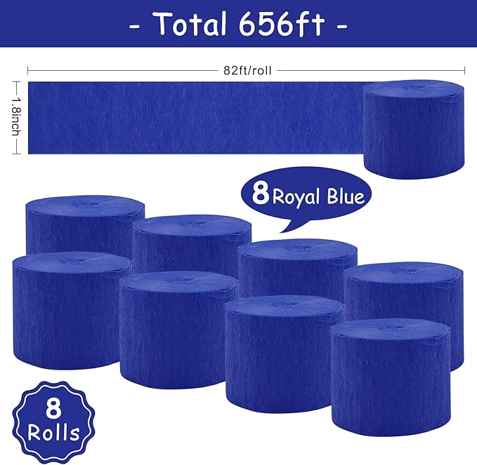 8 Rolls Royal Blue Crepe Paper Streamers Party Streamers Photo Booth Backdrop Party Supplies for 4th of July Birthday Baby Shower Sea Hanukkah Party Decorations（Total 656ft, 1.8Inch x 82Ft/Roll）