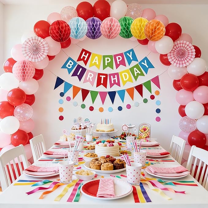 Happy Birthday Banner, Rainbow Birthday Banner with Triangle Bunting, Honeycomb Balls and Circle Dot Garland, Birthday Decorations for Women Men Boys Girls