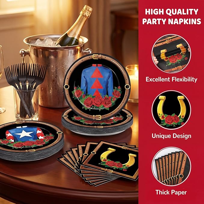 100Pcs Derby Day Party Plates Horse Racing Party Supplies Race Days Jockey Attire Disposable Tableware Set Racing Horse Roses Dinnerware for Derby Day Celebrations Parties Supplies Serves 25