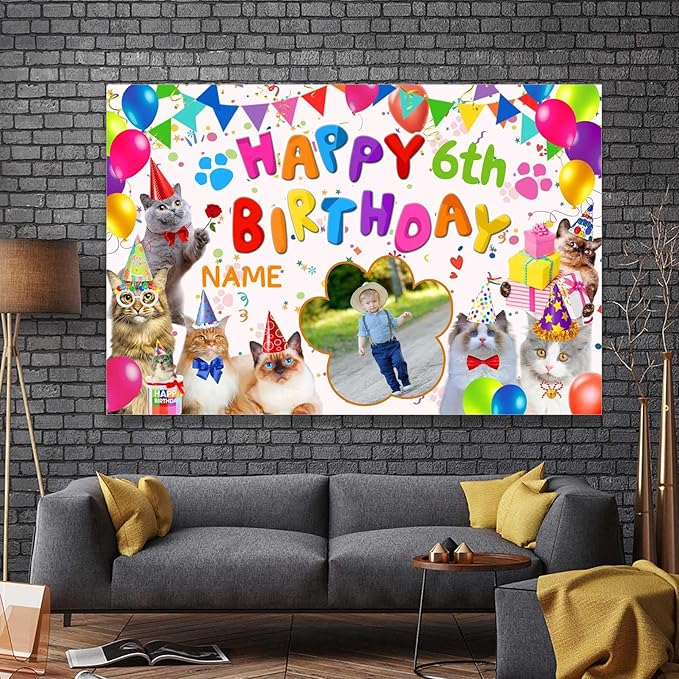 Custom Cat Happy Birthday Party Decorations Supplies Personalized Cat Happy Birthday Backdrop Banner(4x6ft)