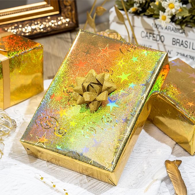 Burymento Gold Wrapping Paper, Metallic Holographic Star Gift Wrap with Shining Design for Birthday, Valentines, Mothers day, Graduation, Wedding, Fathers day, Baby Shower, Christmas (17 IN x 32.8 FT)