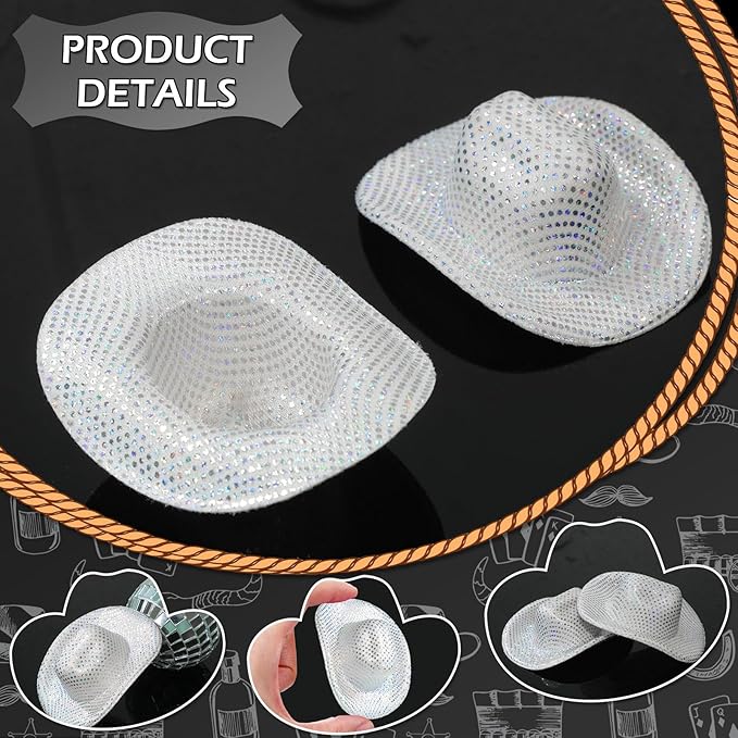 Sotiff 12 Pcs Mini Disco Cowboy Hat Mini Western Cowboy Cowgirl Hat Light up Holographic Space Miniature Cute Neon Party Decor for Party Doll