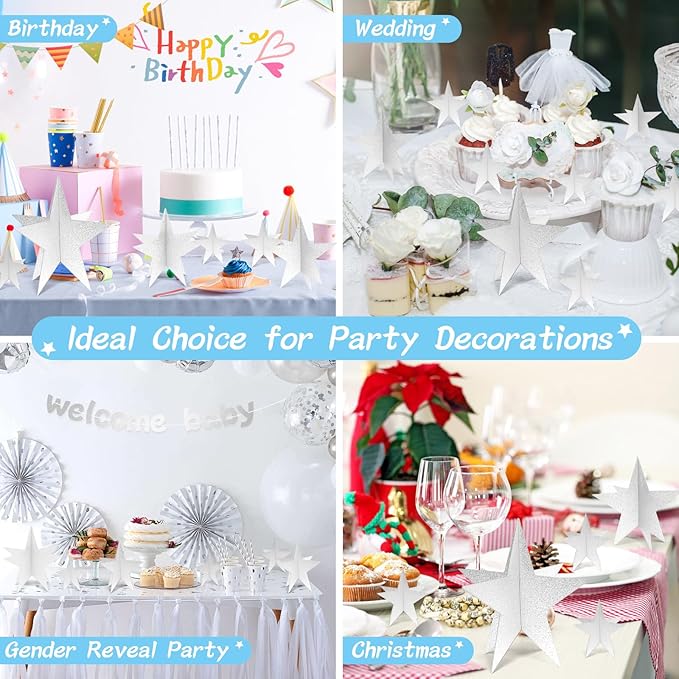 Silver Star Centerpieces - 3D Star Decorations in 3 Sizes - Awards Night, Christmas, Movie Night, Birthday Party Supplies (Set of 35)