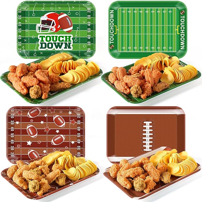 4 Pieces Serving Trays Melamine Platters Reusable Rectangle Party Trays for Theme Party Food Dessert Serving Supplies, 13 x 9.7 inch(Green,Football)