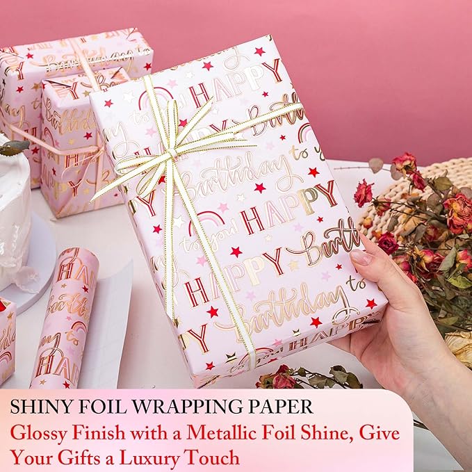MAYPLUSS Pink Foil Happy Birthday Wrapping Paper Roll, Chic Metallic Rainbow and Star Gift Wrap for Girl Baby Shower Party(17 Inch x 33 Feet)