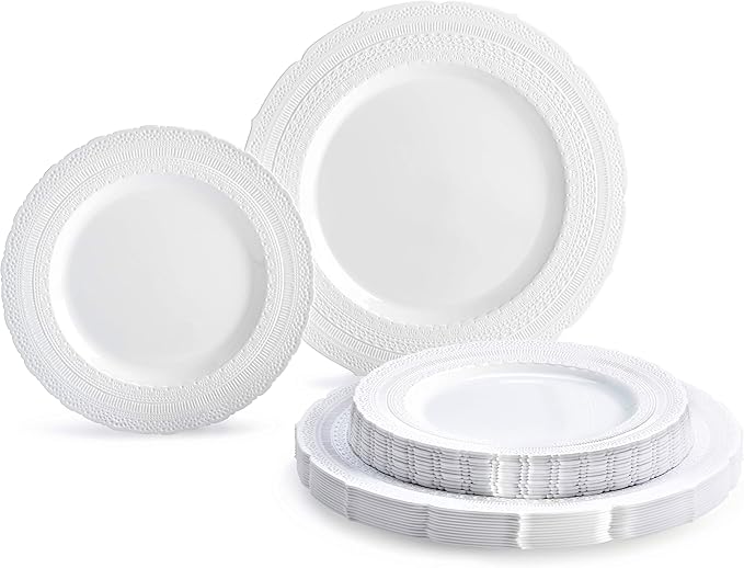 OCCASIONS 50 Disposable Plastic Plates for 25 Guests - Heavy Duty Wedding Party Plate Set, 25 x 11" Dinner + 25 x 8.25" Dessert, Looks Like Real China, Elegant Fancy Reusable, BPA Free (Chateau White)