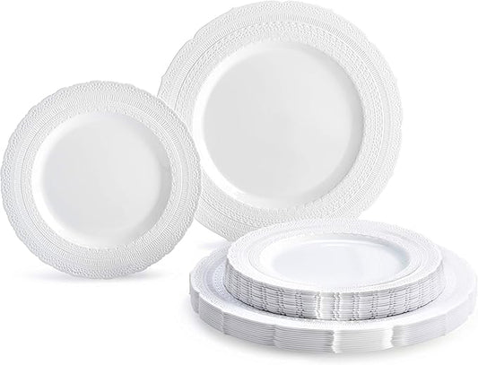 OCCASIONS 50 Disposable Plastic Plates for 25 Guests - Heavy Duty Wedding Party Plate Set, 25 x 11" Dinner + 25 x 8.25" Dessert, Looks Like Real China, Elegant Fancy Reusable, BPA Free (Chateau White)