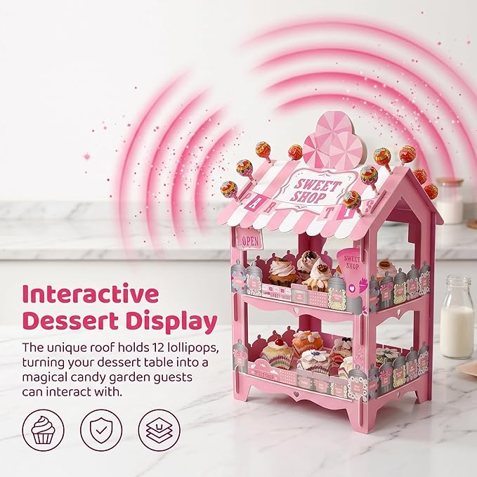 Candy Castle Cupcake Stand 2 Tier - Holds 16 Cupcakes + 12 Lollipops on Roof, Pink Dessert Display for Birthday Theme Party Decorations, Sweet Treat Holder for Cake Candy Buffet