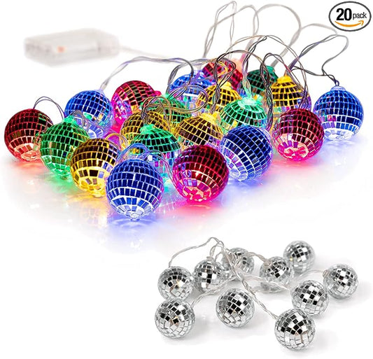 20 LED 2" Disco Balls String Lights 10.5ft, Memory Timer, Battery Operated Portable Decorative Novelty Christmas Holiday Hanging Fairy Light Garland Indoor/Outdoor, Silver Mirror/Colorful