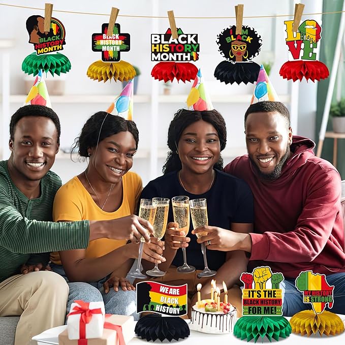 JULMELON 8PCS Black History Month Table Decorations, 3D Double Sided Black History Month Table Centerpieces, African American Honeycomb Office Decor for Party