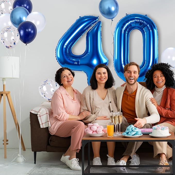 Large Foil Number 40 Balloons, Big Light Navy Blue 40 Helium Balloon with Metallic Silver Confetti Balloon for Men 40th Birthday Party Decor, Mylar Self Inflating 40 Balloon for Graduation Decorations