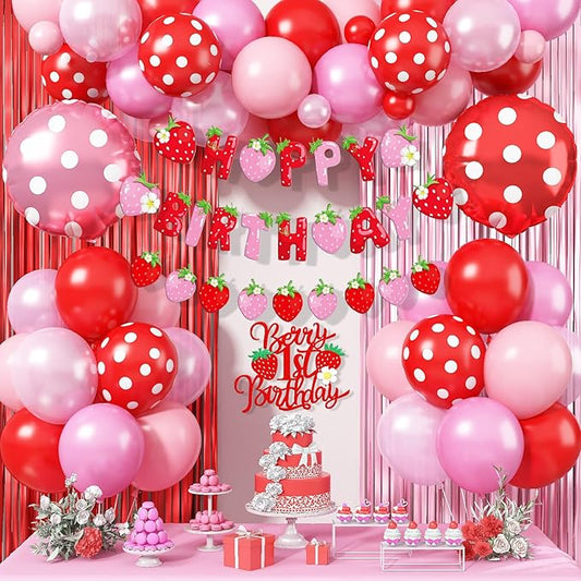 Strawberry Birthday Decorations for Girls, Berry First Birthday Decor Pastel Pink Red Polka Dot Foil Balloons Sweet Strawberry Banner Cake Topper for Sweet Berry Baby Shower 1st Girl Party Supplies