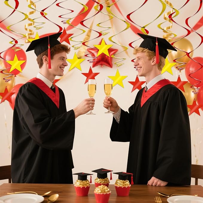BEISHIDA Red Gold Star Hanging Swirl Ceiling Hanging Decorations for Happy New Year 2026 Party Spring Festival Chinese Lunar Valentine Graduation Birthday Wedding Decorations, Pack of 15