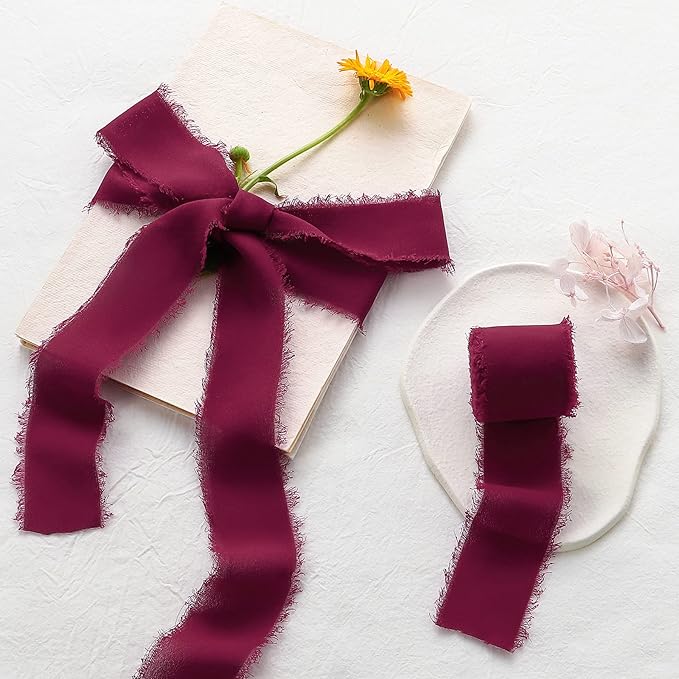 Ribbon, Burgundy Chiffon Ribbon for Flower Bouquet, Silk Ribbons for Crafts, 6 Rolls x 7Yd Each, 1 1/2 inch W x 42Yd Total, Wedding & DIY Crafts for Mothers Day