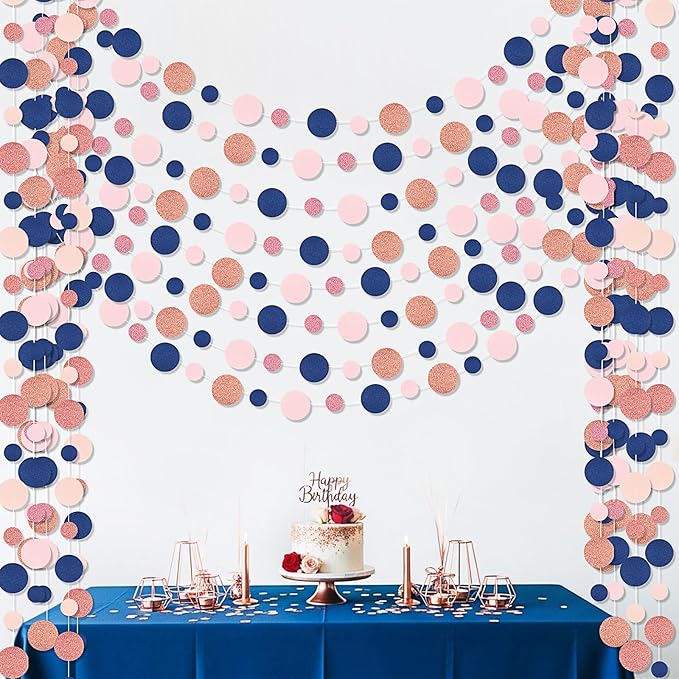 Outus 10 Pieces Blue,Pink,Rose Gold Round Dots Garland Graduation Party Hanging Decor Each Length 13.1ft Glitter Paper Dot Streamers for Birthday Wedding Classroom Supplies