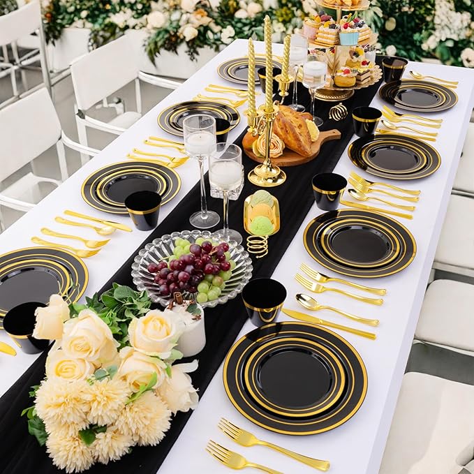 WELLIFE 300 PCS Black and Gold Dinnerware Set for 50 Guests, Disposable Plastic Plates for Party, Gold rimmed Plastic Dinner Plates,Salad Plates,Cups,Silverware Set for Halloween Party Supplies