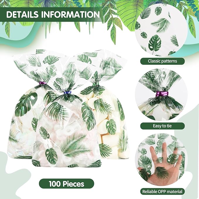 100 Pcs Gift Wrap Cellophane Treat Bags, 7 X12 Inch Hawaiian Palm Leaf Cellophane Candy Bags with for Candy,Cookies,Wedding Bridal Decorations Birthday,Valentine Party with Twist Ties