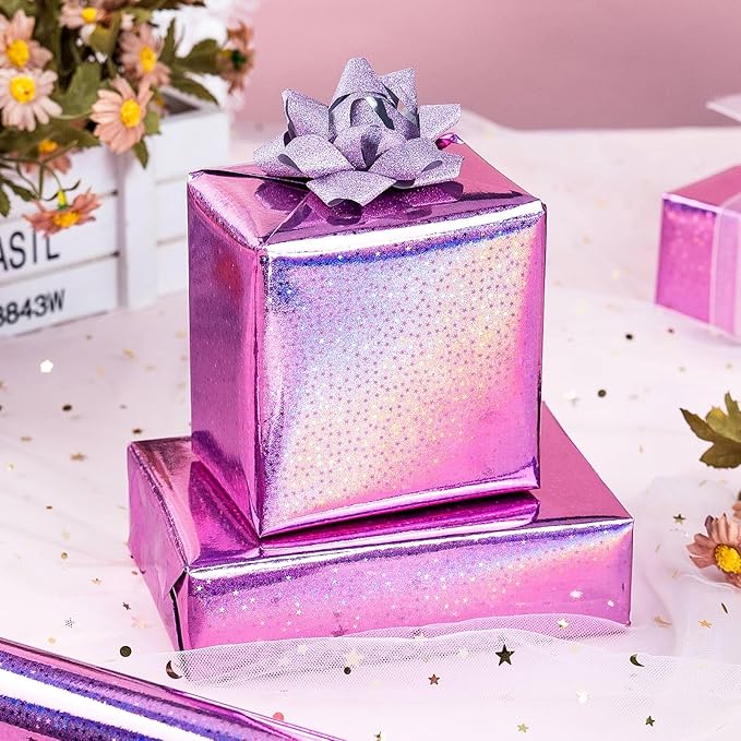 Burymento Pink Wrapping Paper Roll, Metallic Holographic Star Gift Wrap for Birthday, Valentines, Mothers day, Graduation, Wedding, Fathers day, Baby Shower, Christmas (17 IN x 16.4 FT)