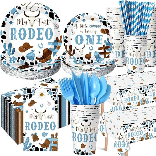 Potchen 452 Pcs Party Supplies Serve 50 Guests, Paper Plates Napkins Cups Cutlery Plastic Tablecloth Dinnerware for Birthday Wedding Party Decoration(Light Blue and Brown, First Rodeo)