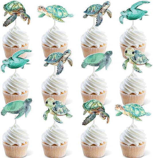 Turtle Birthday Decorations 24pcs Sea Turtle Theme Cake Toppers for Boys Ocean Animals 1st 2nd 3rd Birthday Decors Under the Sea Cake Decorations Underwater Baby Shower Gender Reveal Party Supplies