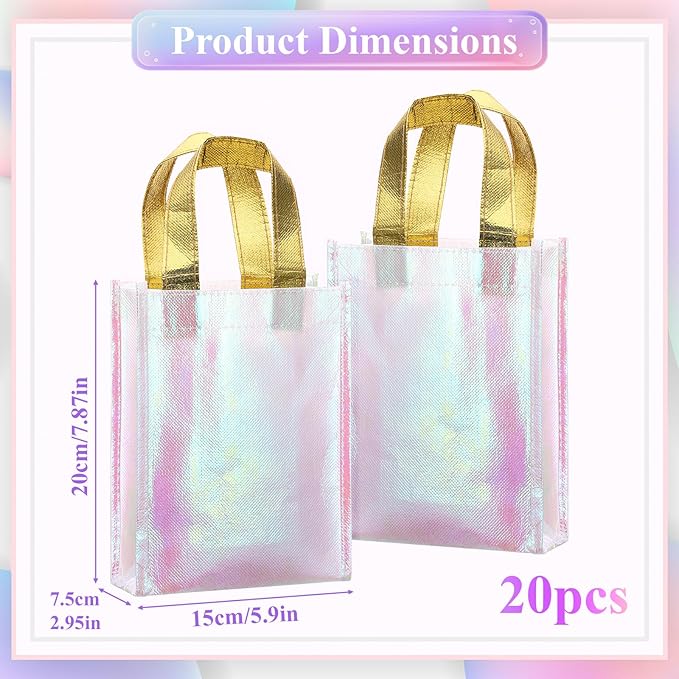 Xosjska 20 Pieces Iridescent Gift Bags Bulk Glossy Reusable Grocery Bag Holographic Gift Bags Pink Non Woven Tote Bag with Handles for Shopping Birthday Party Wedding(6 x 3 x 8 Inch, Pink)