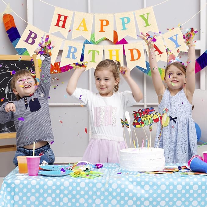 Colourful Happy Birthday Burlap Banner Reusable Banner Signs Bunting Banners for Girls Birthday Anniversary Party Decorations