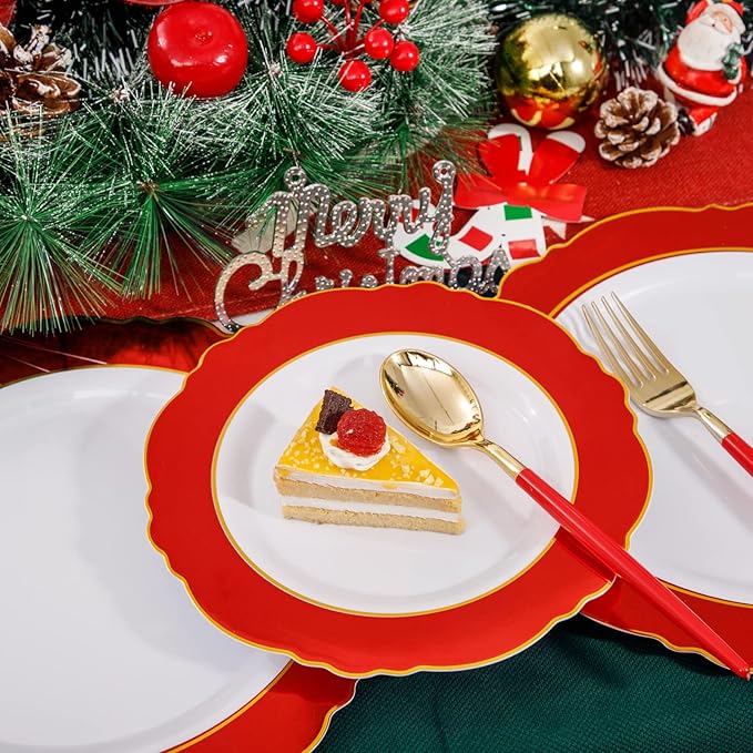 WDF 30Guest Red Plastic Plates - Gold Plastic Silverware With Red Handle - Red Plates Disposable- Baroque Plastic Dinnerware for Wedding Baby Shower Spring Birthday