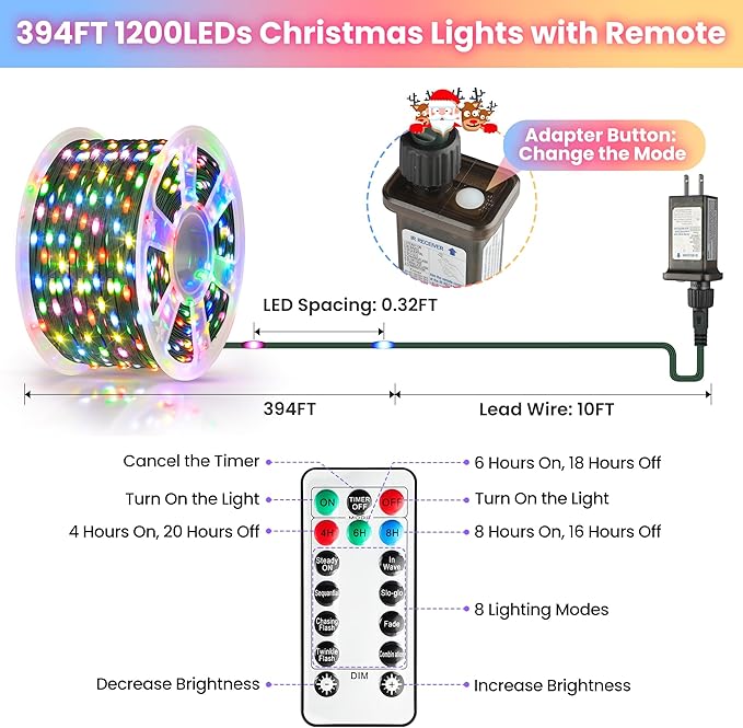 Larkvue 394FT 1200 LEDs Christmas Lights with Remote, Waterproof Dimmable 8 Modes Twinkle Fairy Rope String Lights with Timer for Xmas Tree-Multicolor