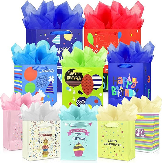 MUMULULU 10 Pack Birthday Gift Bag with Ribbon Handle and Tissue Paper Assorted Sizes and Designs 3 Size Birthday Gift Bag for Gift Wrapping Presents