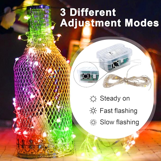pozzolanas 50 Pack Multi-Colored Fairy Lights Battery Operated 3 Modes 7FT 20 LED Waterproof String Lights Twinkle Silver Wire for Mason Jars Wedding Christmas Halloween Decor (50, Multi-Colored)