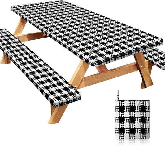 Picnic Table Cover with Bench Covers Windproof Waterproof Picnic Table Covers Camping Tablecloth with Self-Storage Bag, 72in, Black White