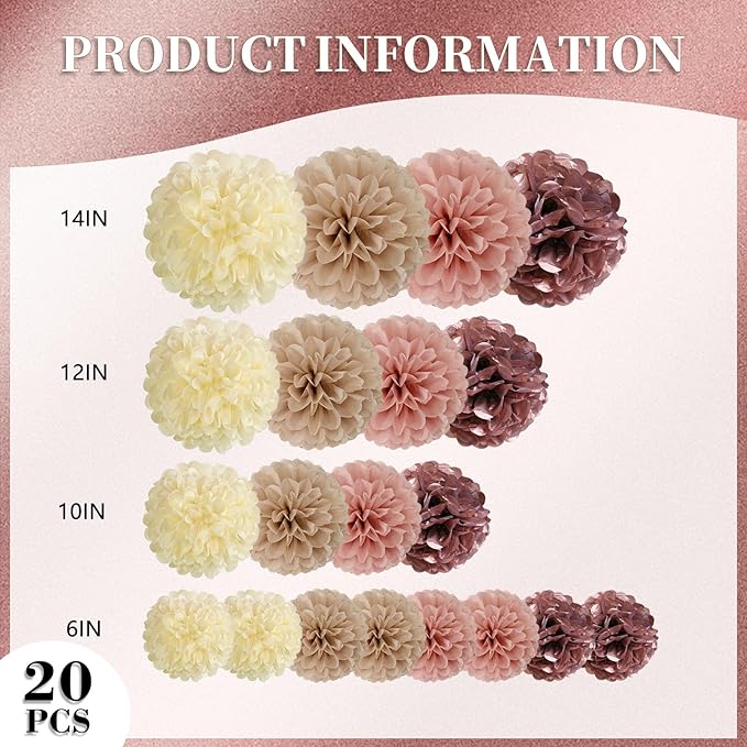 20 PCS Tissue Paper Pom Poms, Tissue Pom Poms Flowers, Sizes of 6", 10", 12", 14" Hanging Paper Flower Ball for Wedding, Birthday, Baby Shower Party Decor (Ivory Brown Rose Gold Pink)