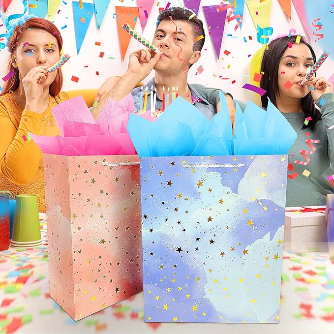 BLESZSING Gift Bag Birthday Large Gift Bags Set Included 2 Pack Paper Gift Bags with Tissue Paper Colorful Pink Blue Gift Bags 125 Large Size Blue Pink and Star Large (Pack of 2)