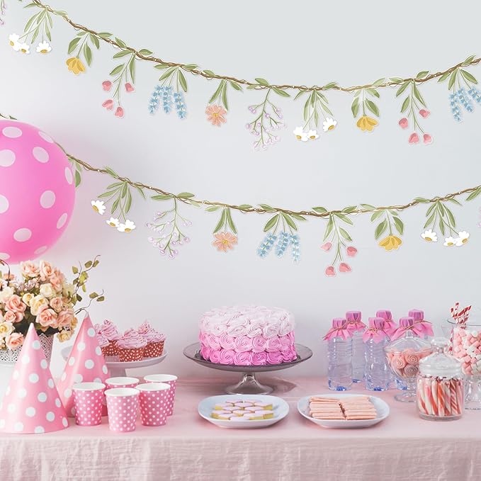 Cheerland 3pcs Flower Banner Wildflower Garland Floral for Enchanted Garden Theme Bridal Shower Wedding Birthday Baby Bloom Fairy Tale Woodland Grad in Bloom Cottagecore Graduation Party Decorations