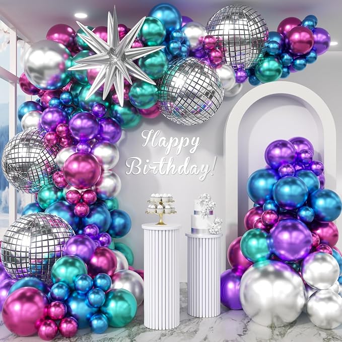 Disco Balloons Garland Arch Kit - 22 18 12 10 5 inch Metallic Purple Blue Hot Pink Green Silver Chrome Disco Balloon with for Birthday Sing Themed 70S 80S 90S Bachelorette Party Decorations