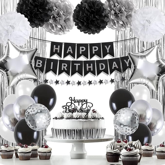 Black and Silver Birthday Decorations for Men, Happy Birthday Party Decorations, Happy Birthday Banner, Balloons, Foil Fringe Curtains, Tissue Paper Pompoms, Star Garland, Party Decor