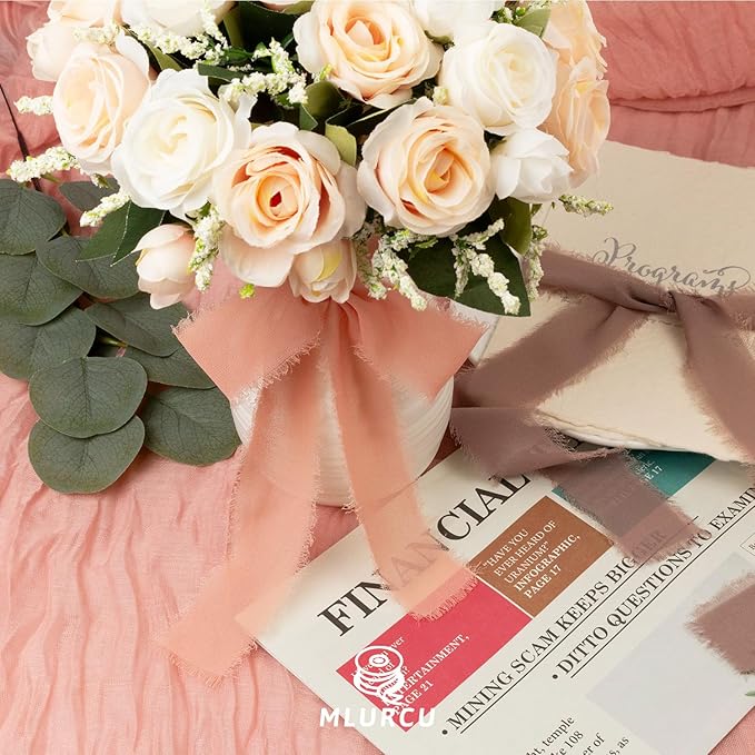 Dusty Rose Chiffon Ribbon 1.5 Inch x 21Yds Handmade Fringe Chiffon Silk Ribbon Brown/Peach/Pink Frayed Chiffon Ribbon for Wedding Invitation Flower Bouquets Bridal Shower Gift Wrapping