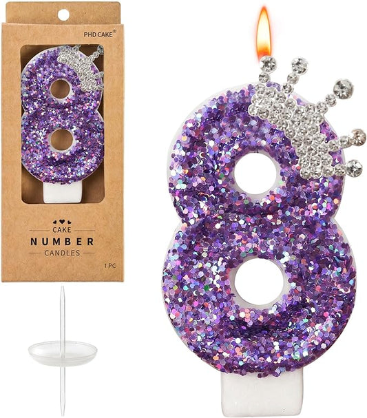 Birthday Number Candles,Purple Crown Birthday Candles for Cake,Glitter Number 8 Candle Cake Topper with Sequins for Anniversary Celebrations Supplies