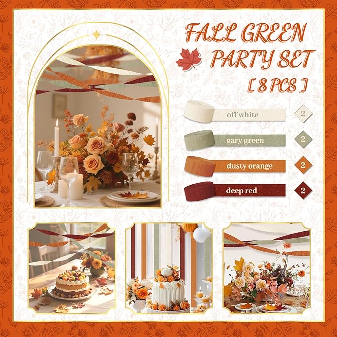 NICROLANDEE 8 Rolls Orange Burgundy Green Crepe Paper Streamers for Wedding, Birthday, Baby Shower, Bride Shower, Fall Decor, Garden Party, Woodsy Party Decorations