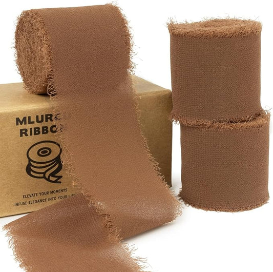 Brown Chiffon Ribbon - 1-1/2 Inch x 21 Yards, Handmade Fringe, Silk, Boho Frayed, Dark Brown, Gift Wrapping, Wedding Invitation, Bridal Flower Bouquets