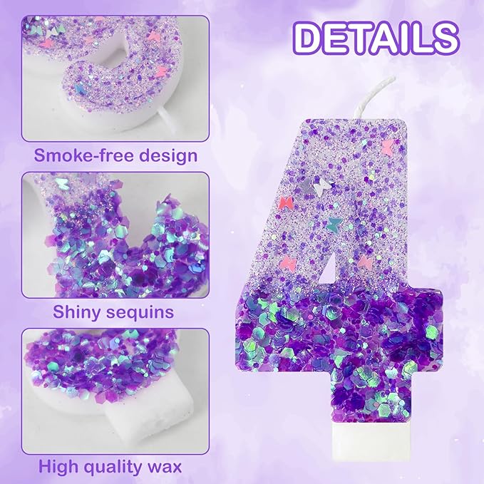 Purple Sequin Birthday Candles, Cake Number Candles, Girls 0th Birthday Decorations, Suitable for Birthday Parties, Anniversary Party Decorations(4)
