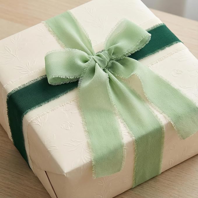 Frayed Edge Chiffon Ribbon 3 Pack, 1.5 Inch Wide Polyester Ribbon, 21 Yards Total in Dark Green, Beige and Pea Green for Wedding Bouquet Wrapping, Gift Decoration and Crafts