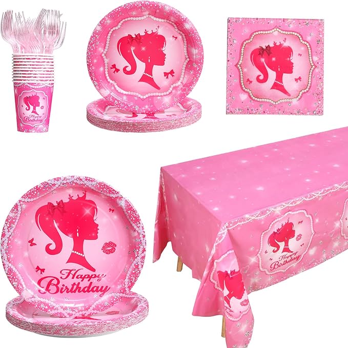 161CT Pink Girl Babe Happy Birthday Party Supplies Babe Head Paper Plates Cups Straw Napkins Spoon Fork knives Tablecloth Hot Pink Girl Party Decorations Tableware for 20 Guests for Bday Baby Shower