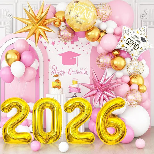 Pink White Gold Balloon Arch Kit, Graduation Balloons Garland, 2026 Graduation Decorations Pink Gold and White Balloons with Foil Star Balloon for Class of 2026 ollege High School Party Decor
