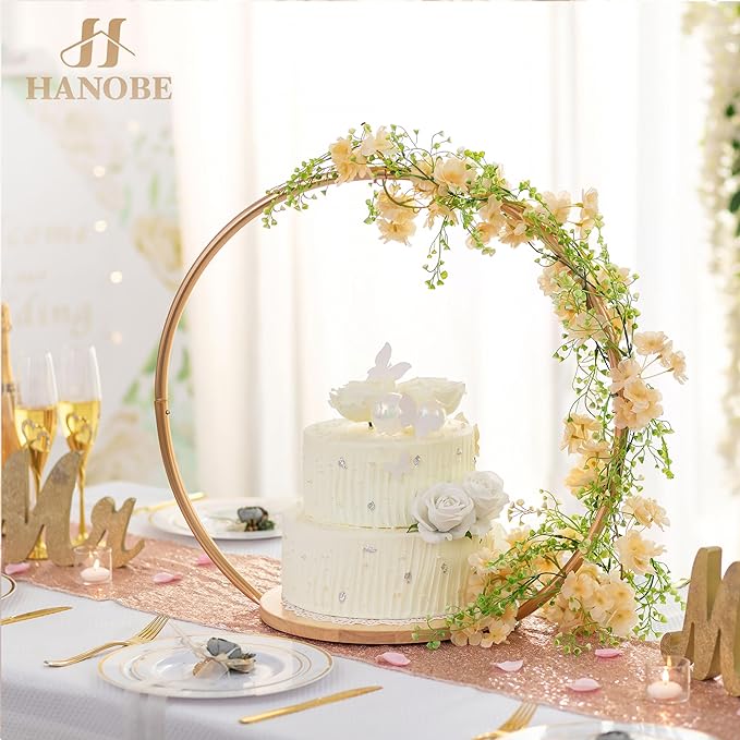 Hanobe Wedding Cake Stand Gold: 14 Inch Round Arch Cupcake Display Stands with Wood Base for Party Decorative Metal Hoop Centerpiece Decor for Birthday Baby Shower