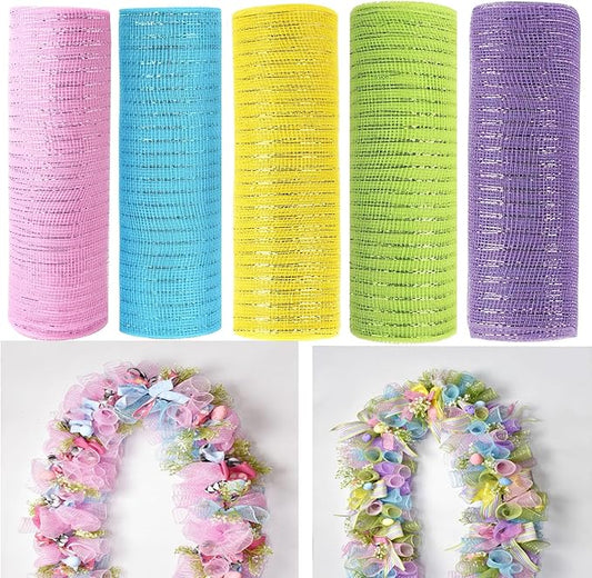 5 Rolls Easter Mesh Ribbon for Wreath, 10 Inch x 30FT Per Roll Metallic Foil Deco Mesh Rolls Light Pink Blue Yellow Green Purple Decorative Mesh for Spring Easter Baby Shower Party Decor