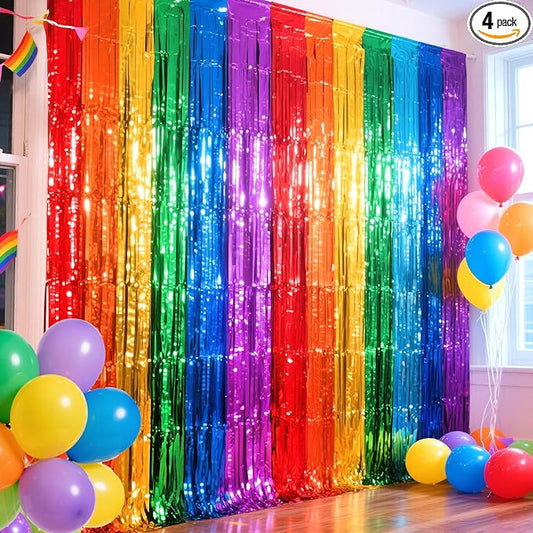 4 Packs Rainbow Foil Fringe Curtain, Assorted Color Metallic Tinsel Backdrop for Birthday, Baby Shower, Wedding, Rainbow Party Decorations Supplies