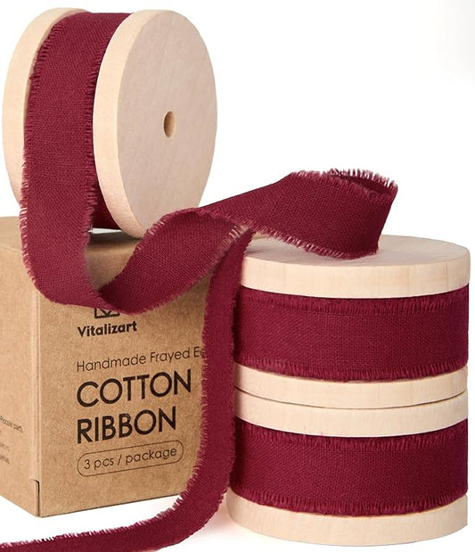 Vitalizart Burgundy Cotton Ribbon Handmade Fringe 5/8" x 21 Yd Red Pure Natural Cotton Ribbons for Gift Wrapping Wedding Invites Bridal Shower Bouquets Holiday Decor