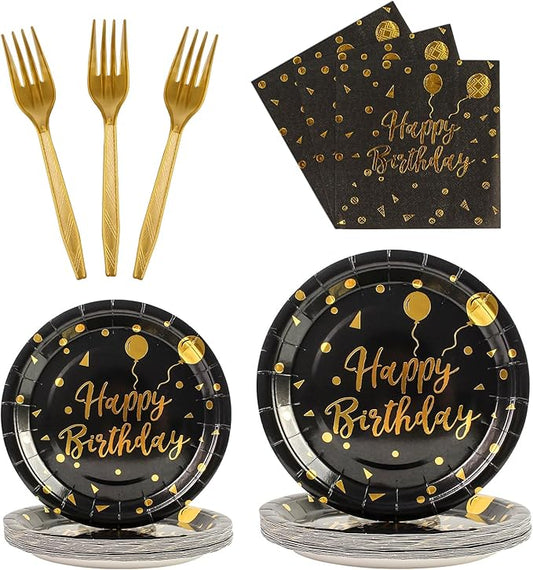 96PCS Happy Birthday Plates and Napkins Party Supplies, Black and Gold Disposable Paper Plates and Napkins with Forks Tableware Set for Birthday Party Decorations 24 Guests (Birthday Black)