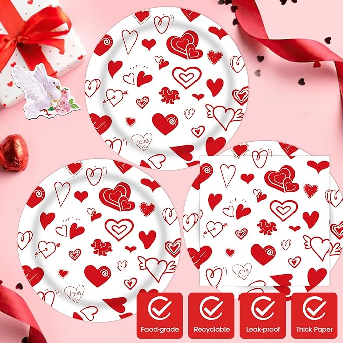 40 Pcs Valentines Day Plates and Napkins Party Supplies, Red Heart Valentine Paper Plates Napkins Disposable Tableware Set for Anniversary Wedding Mother's Day Party Decorations